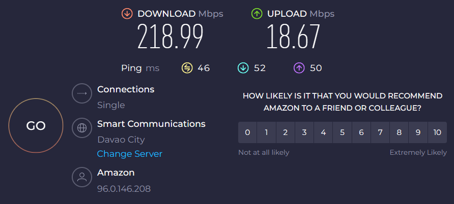 Backup internet speed test screenshot.